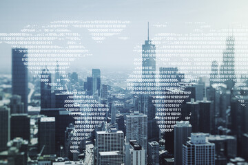 Multi exposure of abstract graphic world map on Chicago cityscape background, big data and networking concept