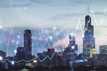 Fototapeta na wymiar Double exposure of abstract creative financial chart hologram on Chicago skyscrapers background, research and strategy concept