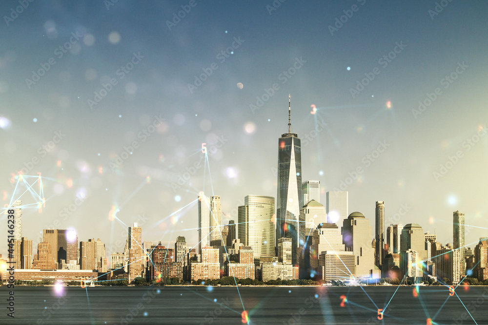 Poster Double exposure of abstract virtual technology hologram on New York city skyscrapers background. Research and development software concept