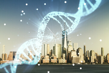 Double exposure of creative DNA hologram on New York city skyscrapers background. Bio Engineering and DNA Research concept