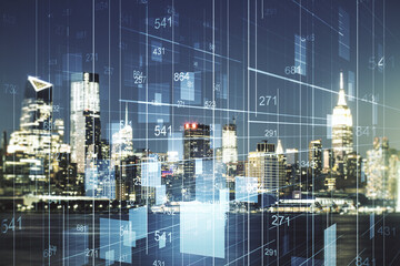 Naklejka premium Multi exposure of creative statistics data hologram on New York city skyscrapers background, stats and analytics concept