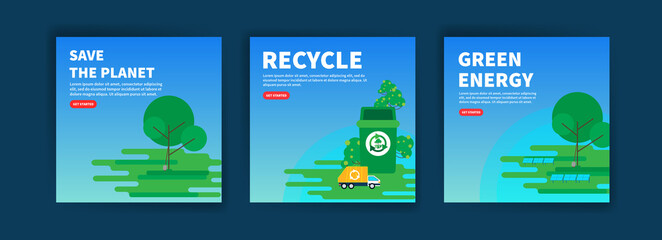 Save the planet. Recycle. Green energy. Ecology banners for website, social media posts, postcards, cards and backgrounds.