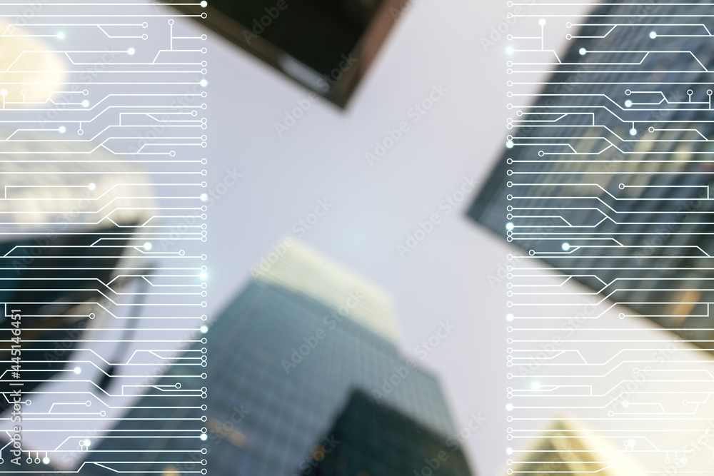 Poster abstract virtual microscheme illustration on office buildings background. big data and database conc