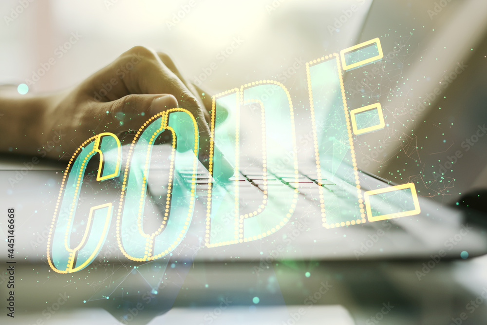 Aufkleber creative code word hologram and hands typing on computer keyboard on background, artificial intellig
