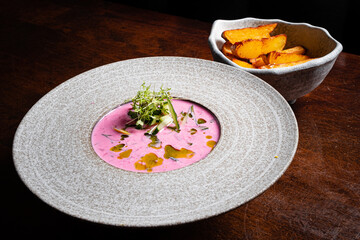 Traditional cold beet soup with vegetables