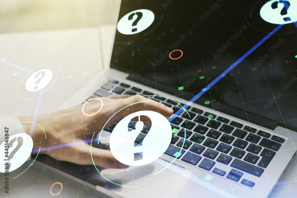 Aufkleber creative abstract question mark sketch and hands typing on computer keyboard on background, faq and 