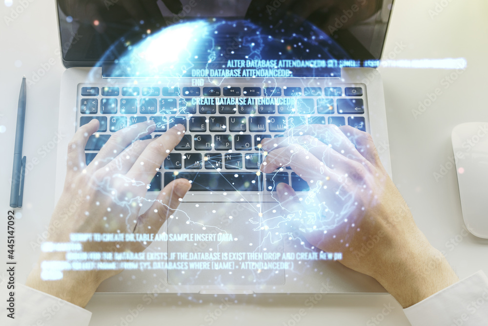 Aufkleber abstract creative coding illustration with world map and hands typing on laptop on background, inter