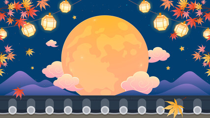 Happy Chuseok (Korean Harvest Festival) Background vector illustration. Autumn Maple tree branch with Full Moon on night sky