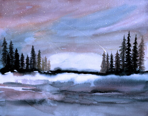 Night Sky Landscape with Pine Trees and Stars Watercolor Painting, Hand Drawn and Painted