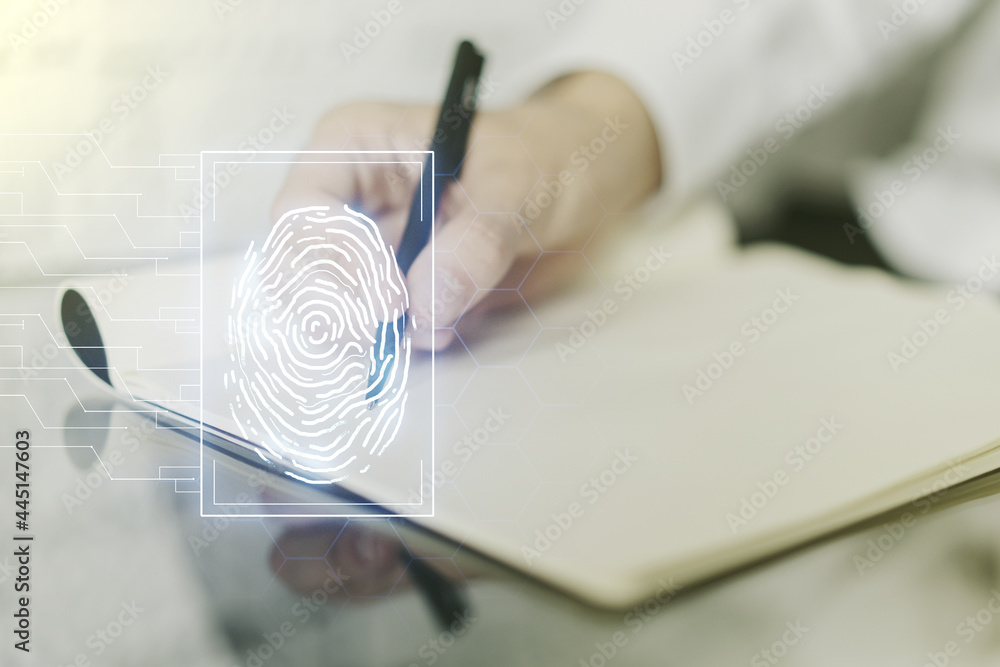 Poster Abstract creative fingerprint illustration with man hand writing in diary on background, personal biometric data concept. Multiexposure