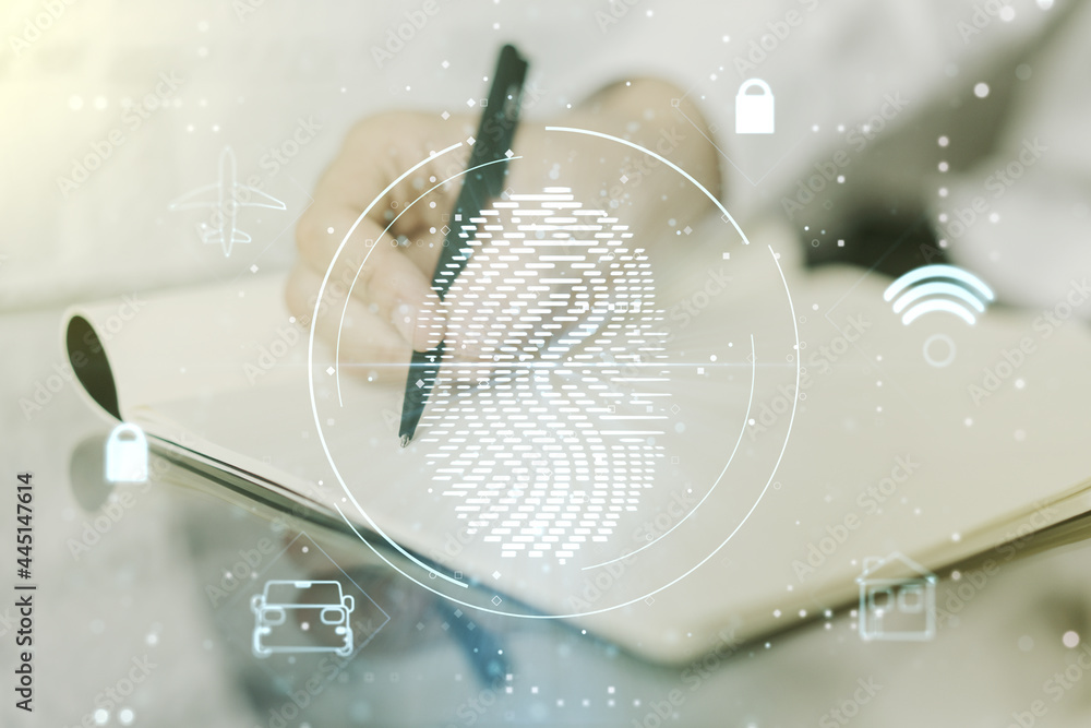 Poster Multi exposure of abstract fingerprint scan interface with man hand writing in notepad on background, digital access concept