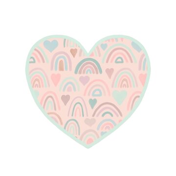 Rainbow, arch and heart in a heart isolated on white background. Boho heart in pastel colors. Hand drawn digital illustration.