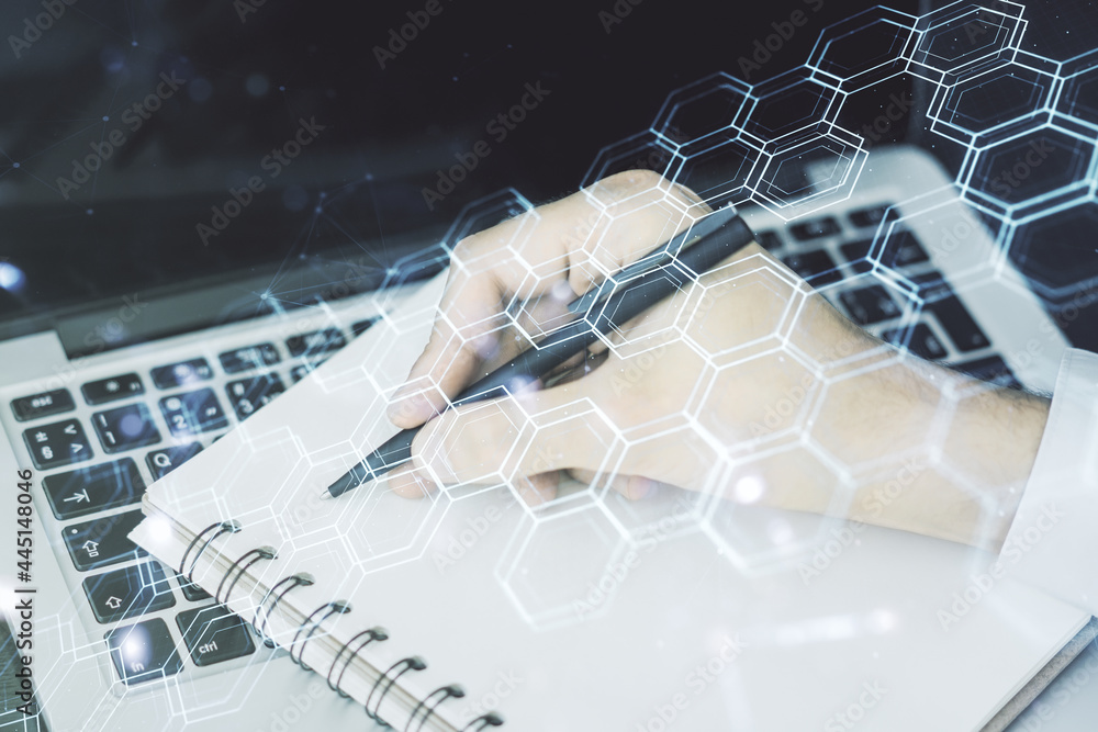 Aufkleber creative abstract technology sketch with hexagon grid and hand writing in notepad on background with