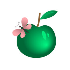 Green apple with butterfly. Gradient flat icon. 