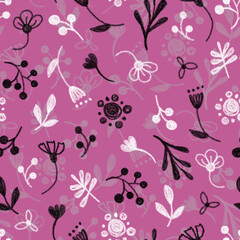 Seamless pattern. Floral pattern, white and black twigs, berries and flowers on a pink background, drawing with chalk and charcoal.