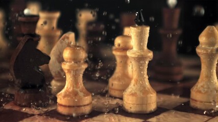 Super slow motion on the chessboard with the pieces falling drops of water. On a black background. Filmed on a high-speed camera at 1000 fps. - Powered by Adobe