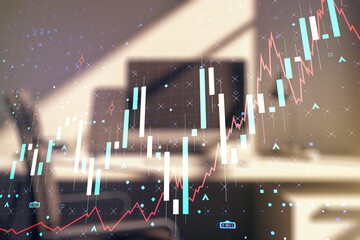 Abstract creative financial graph and modern desktop with pc on background, financial and trading concept. Multiexposure