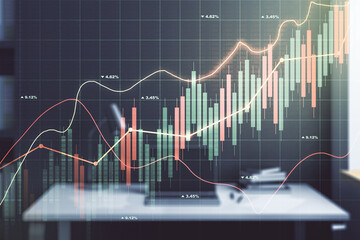 Abstract creative financial graph and modern desktop with pc on background, financial and trading concept. Multiexposure