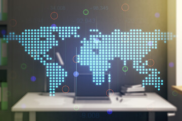 Double exposure of abstract digital world map and modern desk with computer on background, big data and blockchain concept
