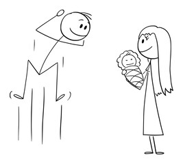 Father Happy to See His New Born Baby , Vector Cartoon Stick Figure Illustration