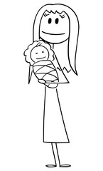 Woman or Mother Holding New Born Baby in Hands , Vector Cartoon Stick Figure Illustration