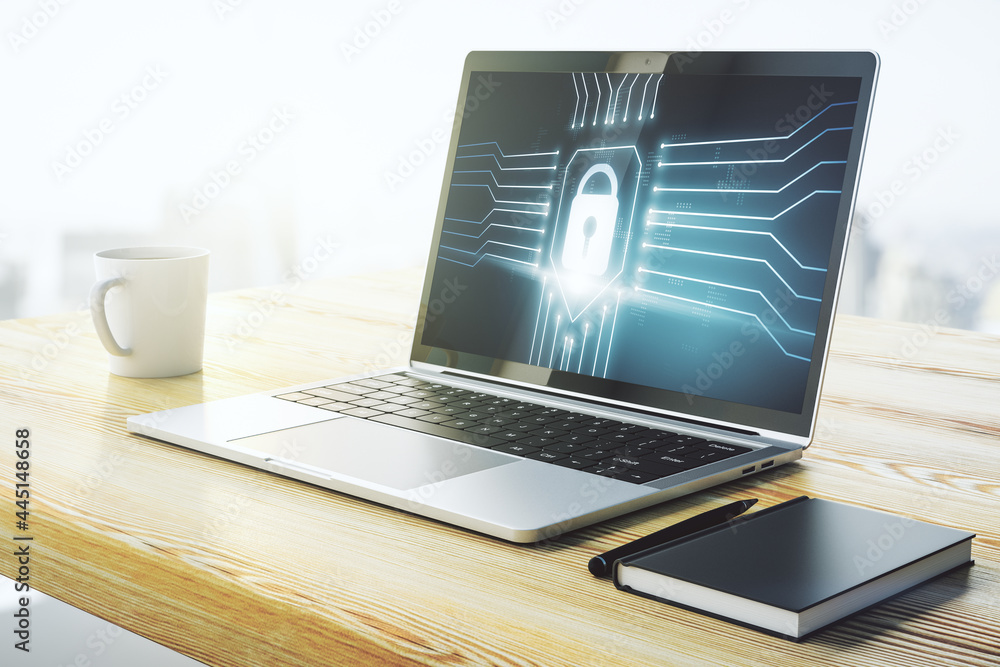 Poster Modern computer monitor with creative lock hologram and chip. Information security concept. 3D Rendering