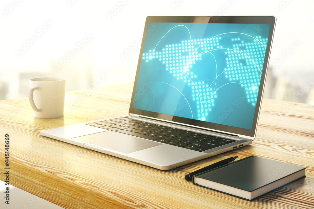 Aufkleber Abstract creative world map with connections on modern laptop screen, international trading concept. 3D Rendering