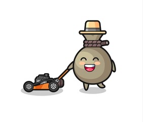 illustration of the money sack character using lawn mower