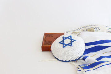 religion image of white prayer talit. Rosh hashanah (jewish New Year holiday), Shabbat and Yom...