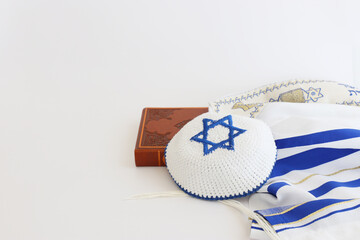 religion image of white prayer talit. Rosh hashanah (jewish New Year holiday), Shabbat and Yom kippur concept