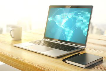 Fototapeta premium Abstract creative world map with connections on modern laptop screen, international trading concept. 3D Rendering