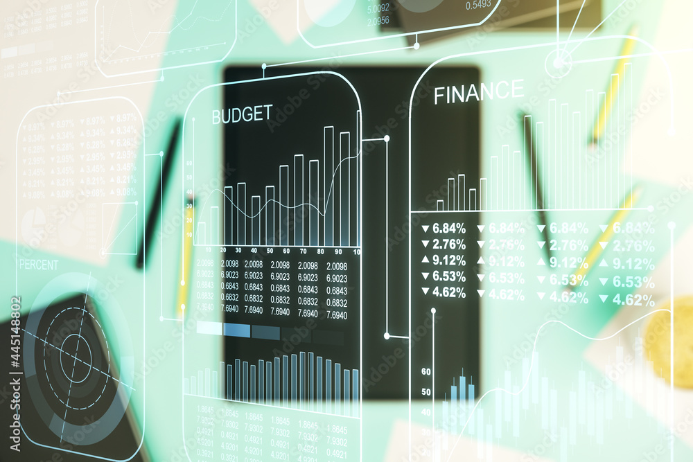 Aufkleber multi exposure of abstract statistics data hologram interface and modern digital tablet on backgroun