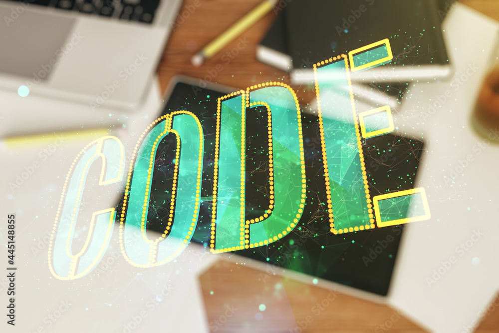Aufkleber Creative Code word hologram and digital tablet on background, top view, artificial intelligence and neural networks concept. Multiexposure