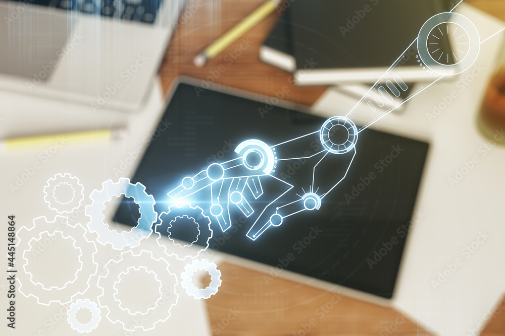 Leinwandbilder creative abstract robotics technology hologram and modern digital tablet on desktop on background, t