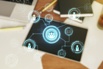 Social network concept and modern digital tablet on background, top view. Multiexposure