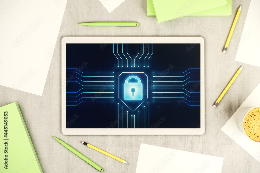 Poster Creative lock sketch with chip hologram on modern digital tablet screen, protection of personal data concept. Top view. 3D Rendering