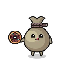 illustration of an money sack character eating a doughnut