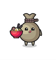 cute money sack character eating noodles