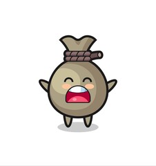 cute money sack mascot with a yawn expression
