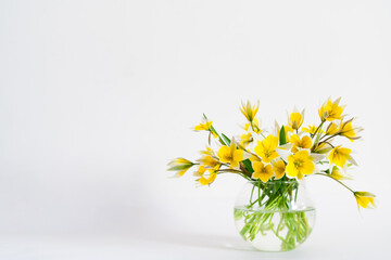 Bright yellow big sunflowers in glass vase on dark table on light texture background. Mockup banner with sunflower bouquet with copy space. springtime concept