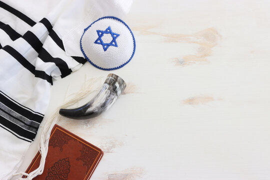 religion image of Prayer book and Shofar (horn) jewish religious symbols. Rosh hashanah (jewish New Year holiday), Shabbat and Yom kippur concept