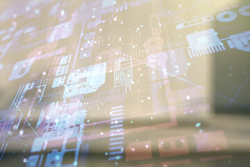 Double exposure of abstract creative programming illustration on contemporary business center exterior background, big data and blockchain concept