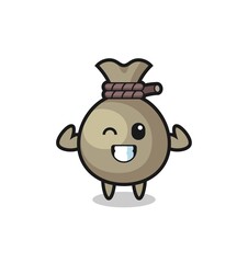 the muscular money sack character is posing showing his muscles