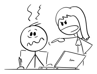 Person Working at Home Office or Worker Typing on Computer, Wife or Female Boss is Yelling, Vector Cartoon Stick Figure Illustration