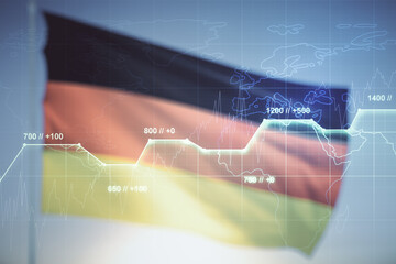Double exposure of abstract virtual statistics data hologram on German flag and blue sky background, statistics and analytics concept