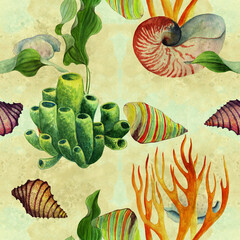 Fish, seaweed and shells on a watercolor background.Sea, ocean - seamless pattern. Watercolor drawing. Use printed materials, signs, items, websites, maps, posters, postcards, packaging.
