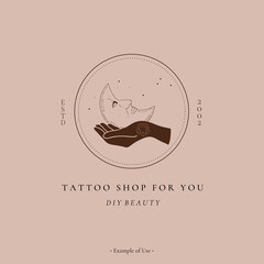 Celestial spiritual alchemy esoteric mystical magic talisman with woman hand, moon, stars sacred geometry tattoo logo template occultism object. Vector illustration line art black outline style