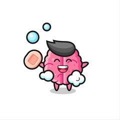 brain character is bathing while holding soap