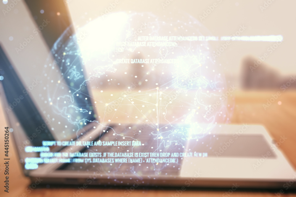 Poster double exposure of abstract creative programming illustration with world map on computer background,