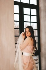  young gentle sexy girl with long hair on the background of a panoramic window.